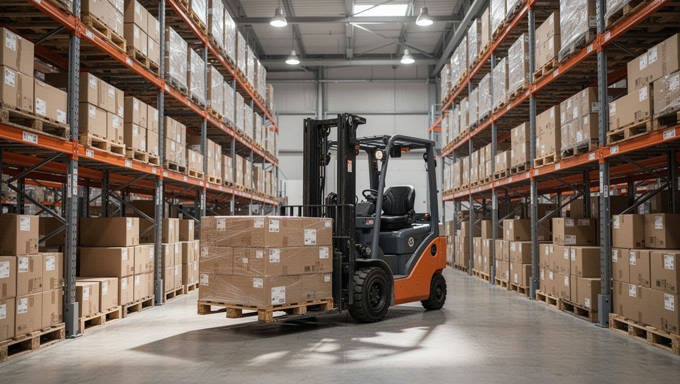 Realistic photo of a spacious modern warehouse interior with tall shelves full of uniform cardboard boxes and pallets, one forklift carrying a pallet in the aisle under soft industrial lighting, no people or clutter.