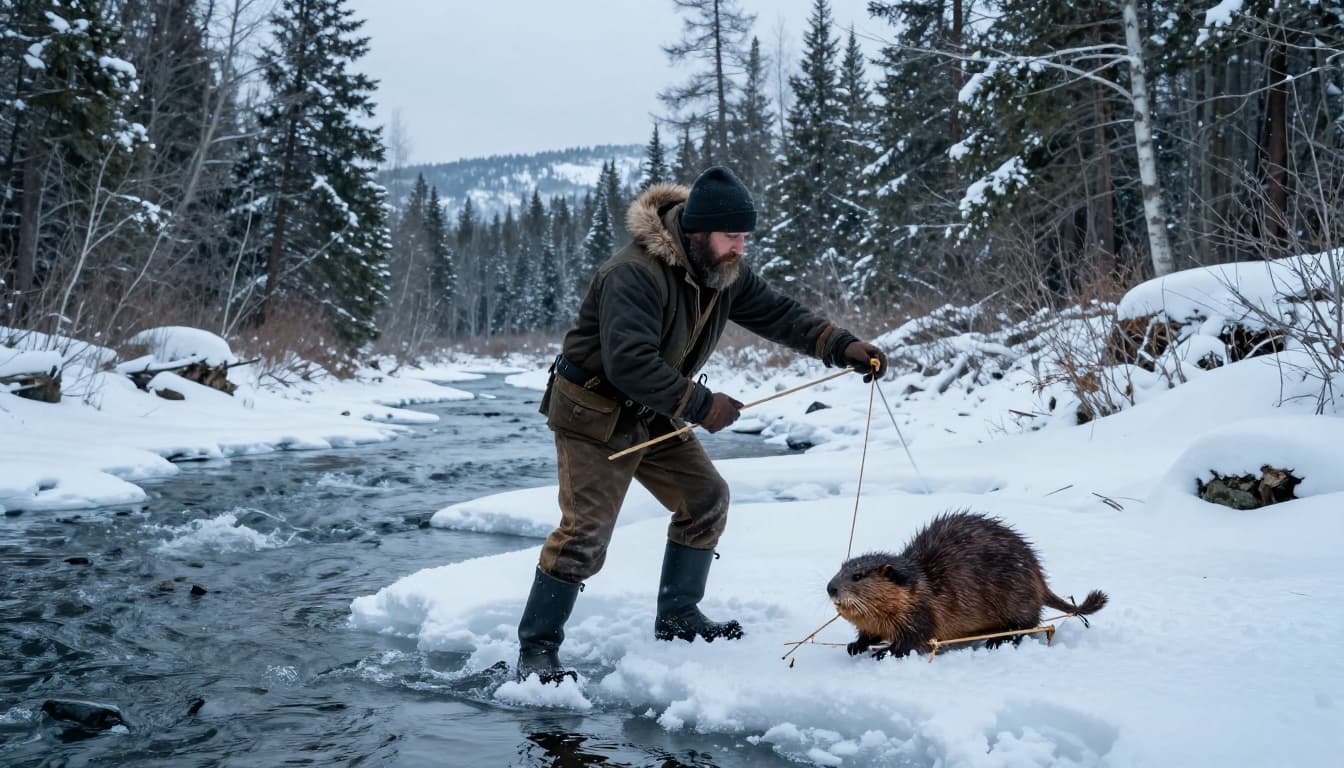 Bearded trapper sets beaver trap in frozen river amid snowy forest.