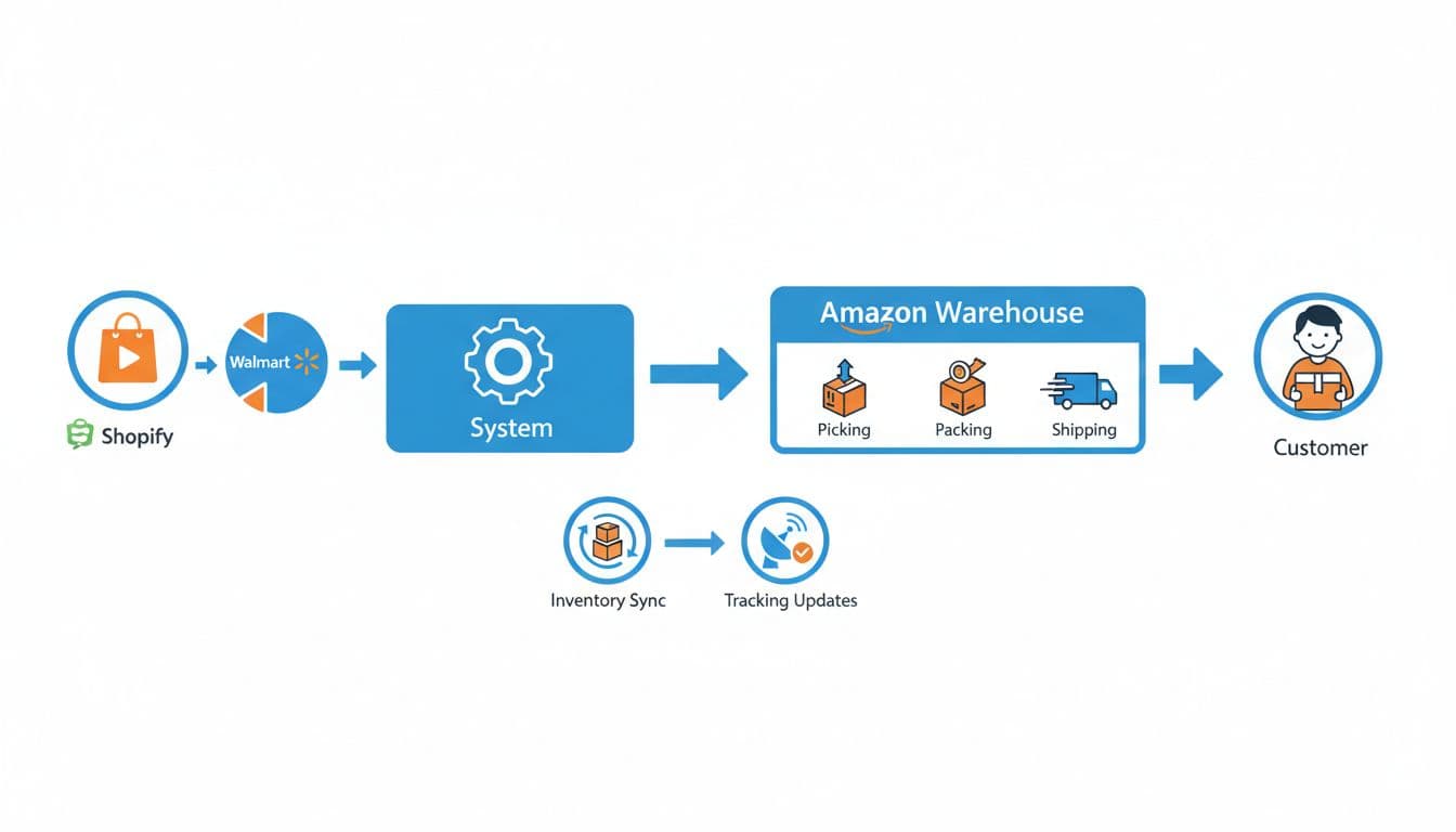 Arrows route orders from Shopify and Walmart icons to Amazon warehouse for picking, packing, and shipping, with inventory sync and tracking icons.