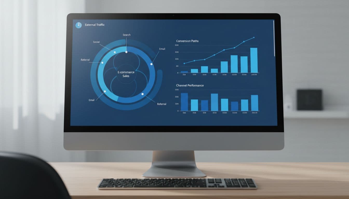 Computer screen on desk displays modern dashboard with bar and line charts in blue tones, keyboard nearby.