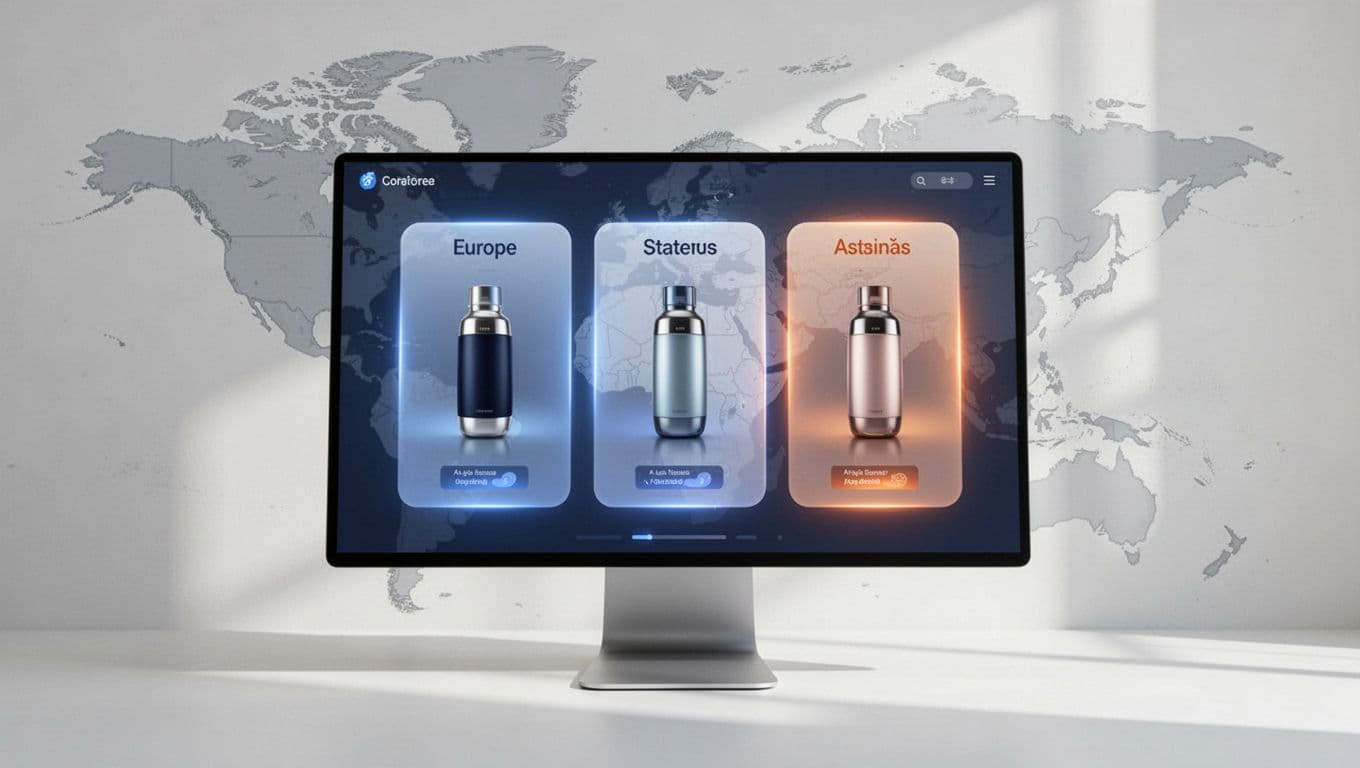 Clean SaaS-style editorial illustration of multilingual Amazon product listings on a dashboard, showing product images with titles in English, German, Japanese side by side; subtle world map background highlighting Europe, US, Asia; modern blue and orange accents in flat design.