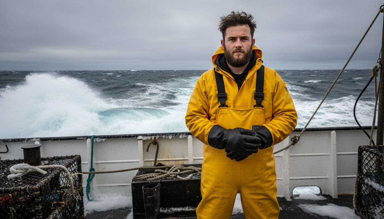 Nick McGlashan stands on icy crab boat deck in yellow rain gear and black boots, stormy waves behind.