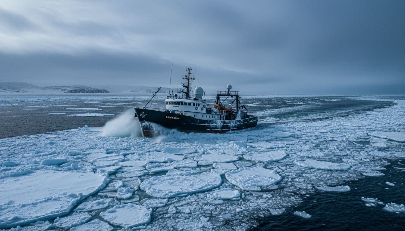 The Northwestern crab boat from Deadliest Catch navigates through heavy ice floes in the Bering Sea, captured in a hyper-realistic style with dramatic winter seascape, cold blue tones, and harsh lighting.