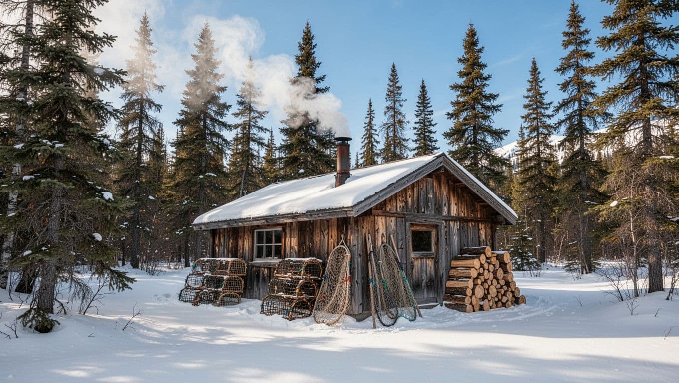 Cabin surrounded by tall evergreens and fresh snow, smoke from chimney, firewood stack, crab traps and fishing nets against wall.