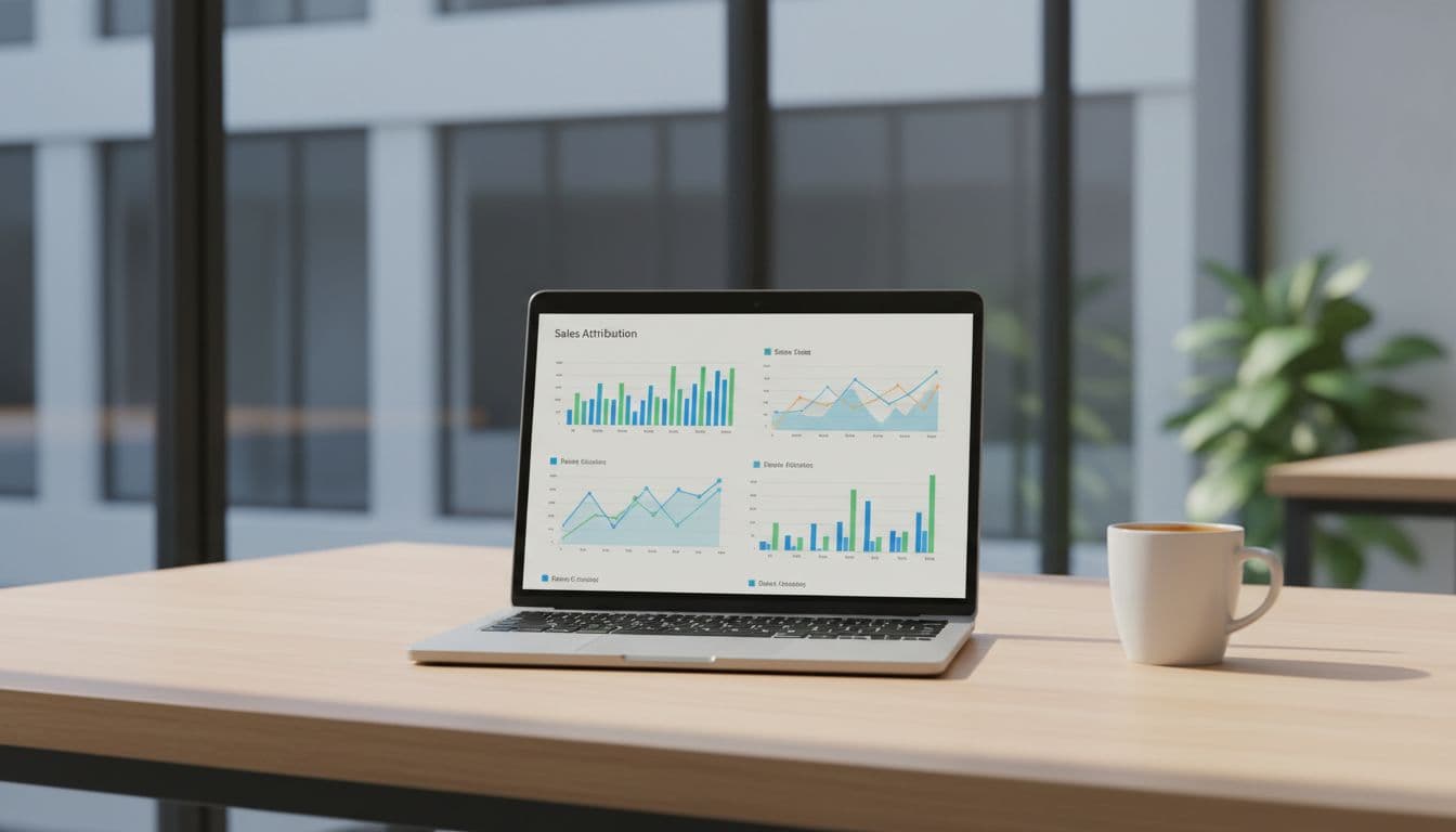 Clean office desk with open laptop showing sales attribution graphs, coffee mug, and window daylight.