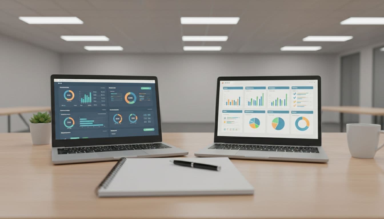 Clean office desk holds two laptops showing metrics dashboard and service comparison charts, notebook and pen nearby.