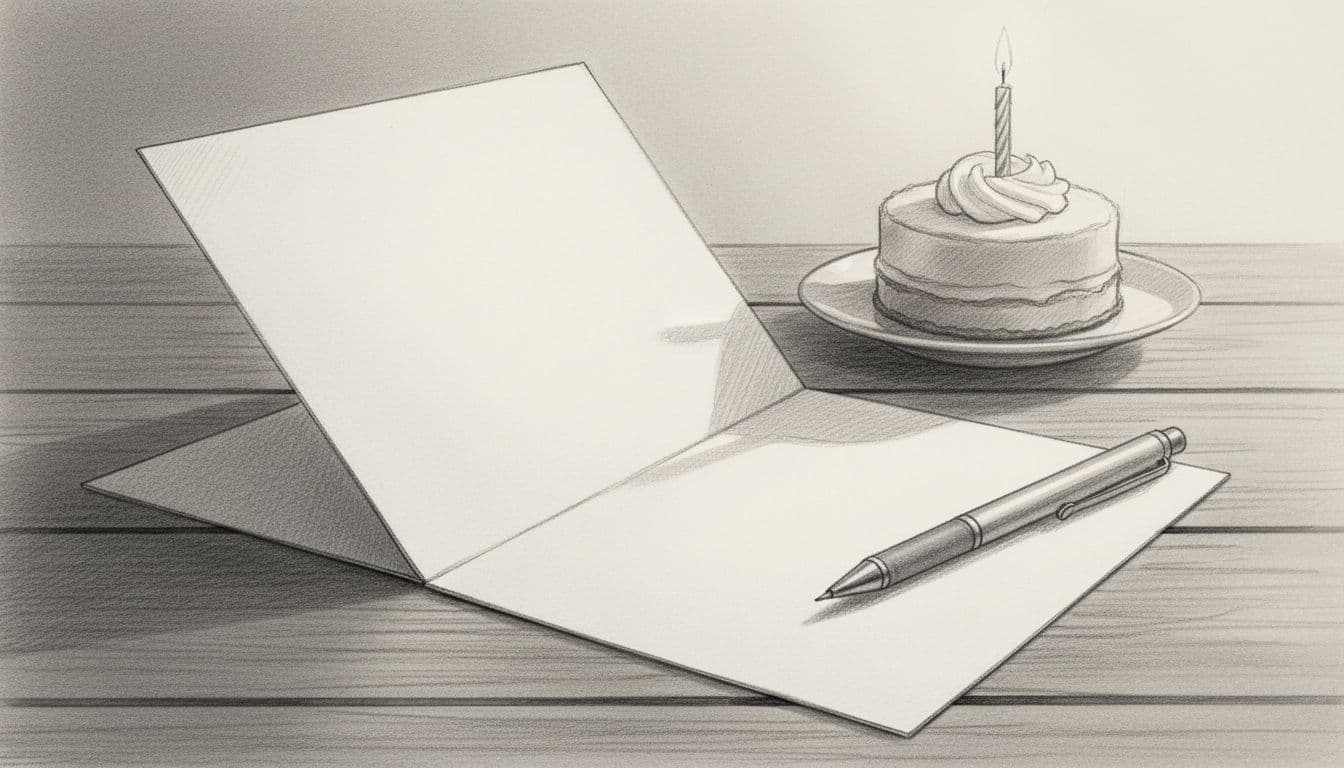 An open greeting card on a wooden table with a pen resting nearby and a small birthday cake in the background, illustrated in graphite sketch style with light shading on clean white paper.