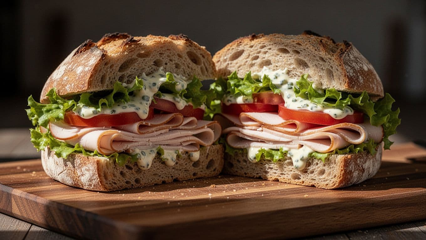 Half-cut open-faced sandwich on artisan bread with turkey, lettuce, tomato, and creamy garlic aioli on wooden board.