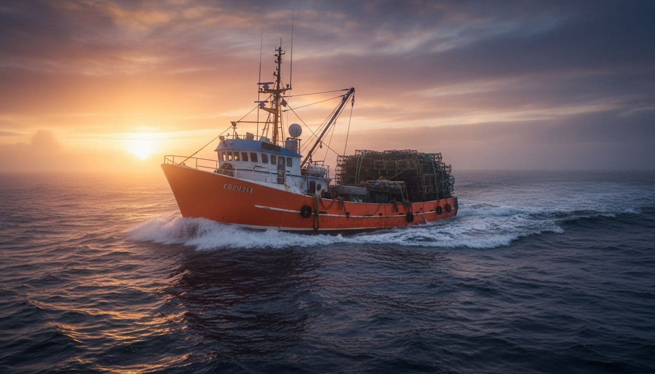 A commercial crab fishing boat with an orange hull and stacked pots on the rear deck cuts through choppy Bering Sea waves at dusk under dramatic golden hour lighting with a foggy horizon.