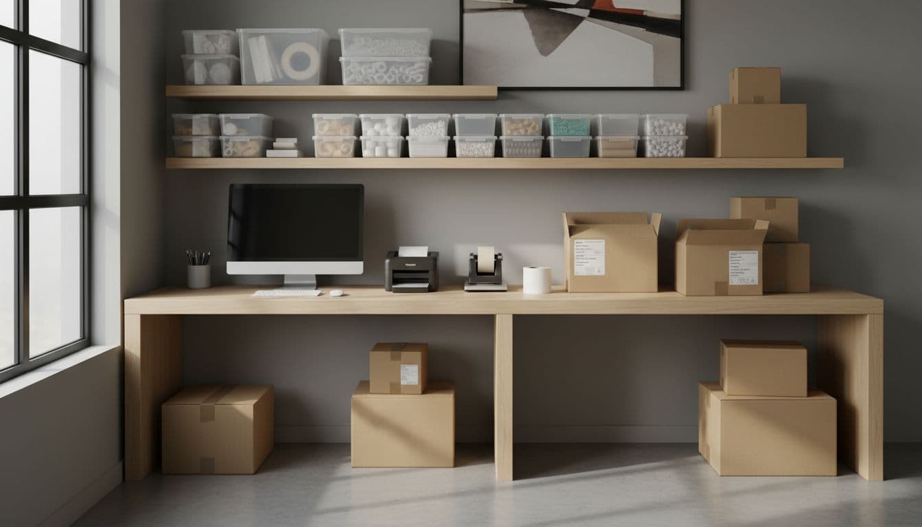 A clean, modern workspace featuring a computer, stacked boxes, and shipping labels for efficient inventory management.