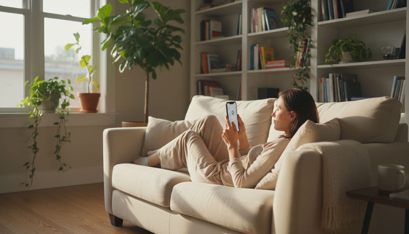 Adult patient relaxing on home couch using smartphone for mental health app check-in in cozy living room with plants, bookshelves, and soft light.