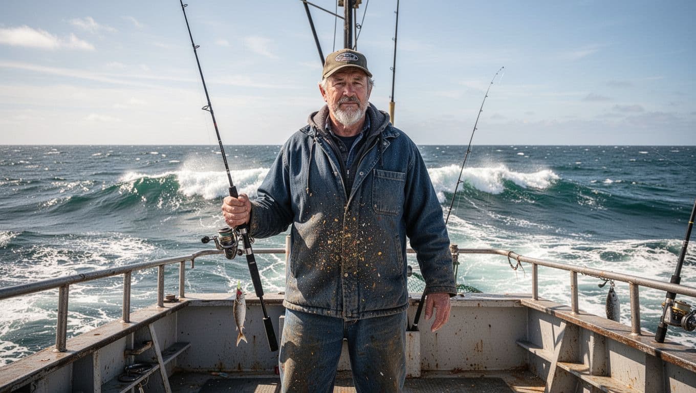 Seasoned fisherman Paul Hebert stands relaxed on the deck of his boat Wicked Pissah during a bluefin tuna fishing trip in the North Atlantic, holding a fishing rod with ocean waves in the background on a sunny day.