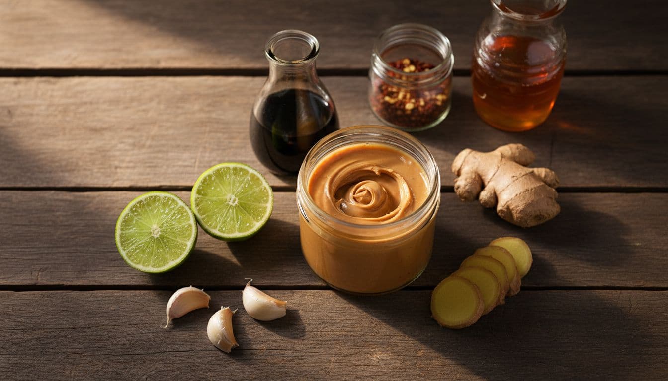 Top-down view of peanut butter jar, soy sauce bottle, halved limes, garlic cloves, sliced ginger, chili flakes jar, and honey bottle on rustic wooden counter.