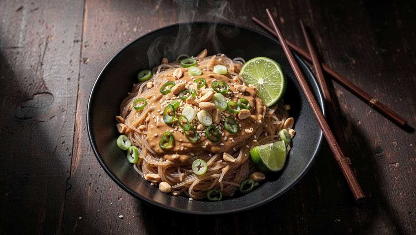 Overhead view of black bowl with rice noodles in peanut sauce, topped with green onions, peanuts, sesame seeds, lime wedge; chopsticks nearby, steam rising on wooden table.