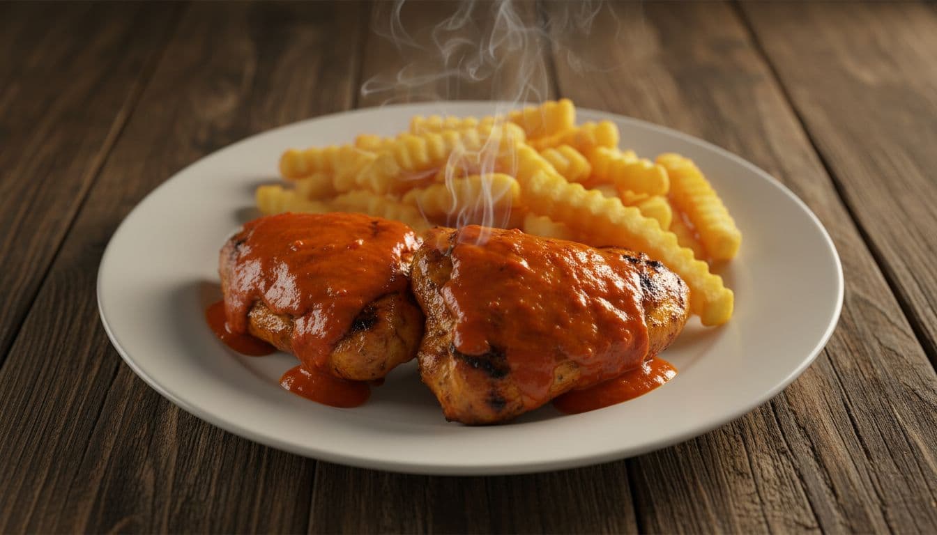 Grilled chicken thighs glazed with peri peri sauce next to crispy golden fries on white plate, steam rising.