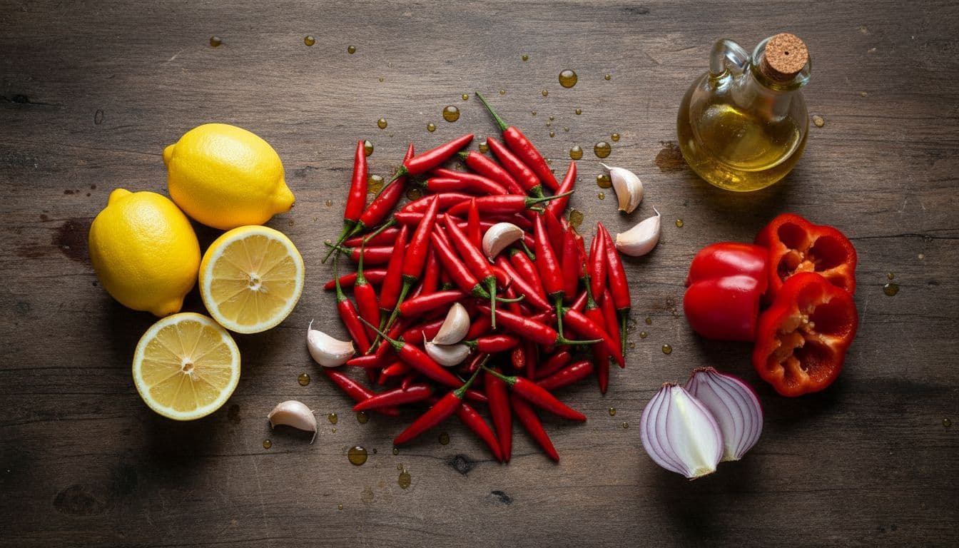 Top-down view of red chilies, garlic cloves, lemons, red bell pepper, onion, and olive oil on rustic wooden counter.