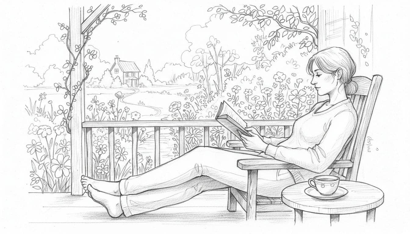 Person relaxing on porch with book and tea, garden view in background, hand-drawn sketch style with graphite linework, light shading, clean white paper background.