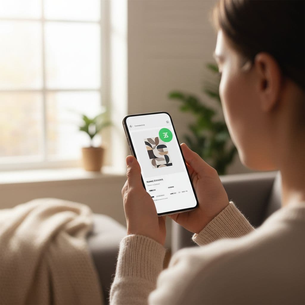 A person holds a smartphone displaying a shopping interface with a green discount badge in a sunny room.