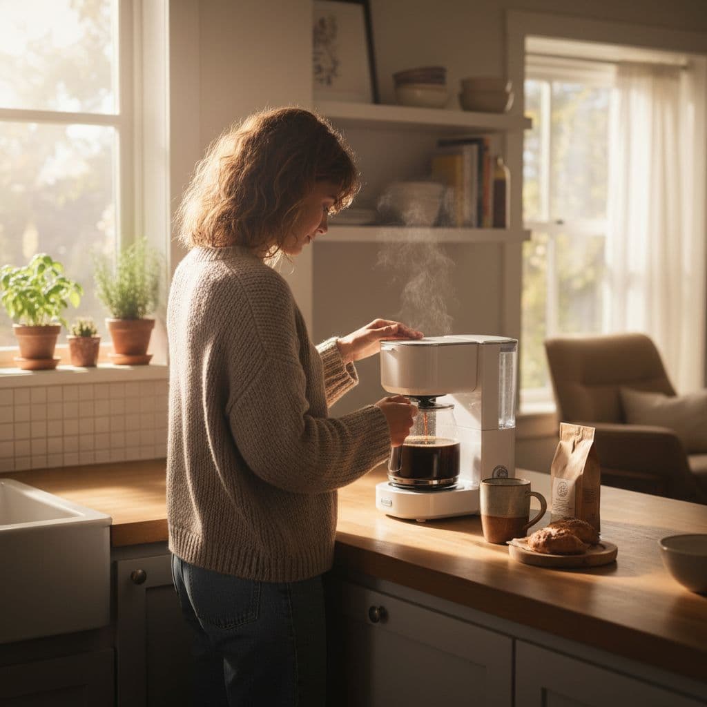 A person stands in a sunlit kitchen operating a modern coffee maker.