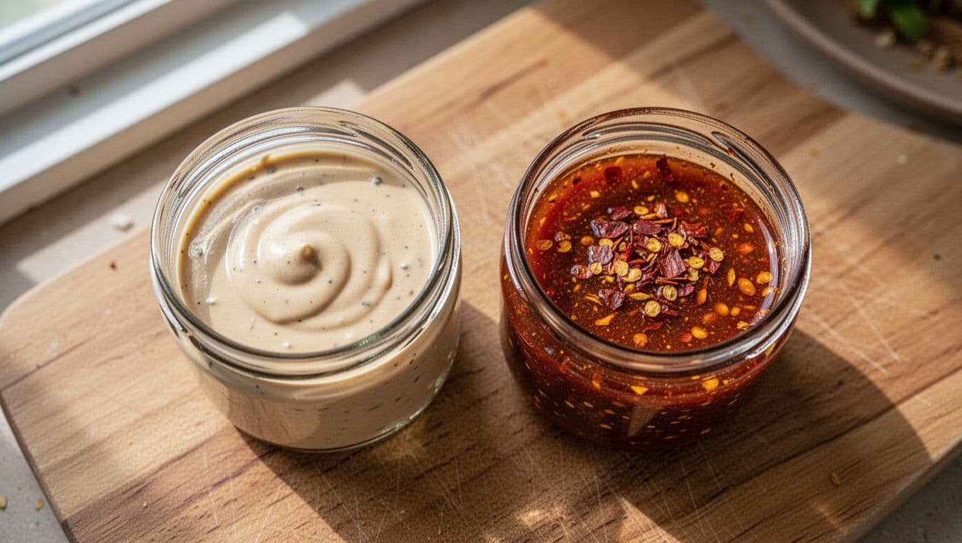 Two small glass jars side by side on a wooden kitchen counter: left jar with plain smooth creamy burger sauce, right jar with spicy burger sauce featuring visible red chili flakes. Top-down hand-drawn graphite sketch comparing textures on clean white background.