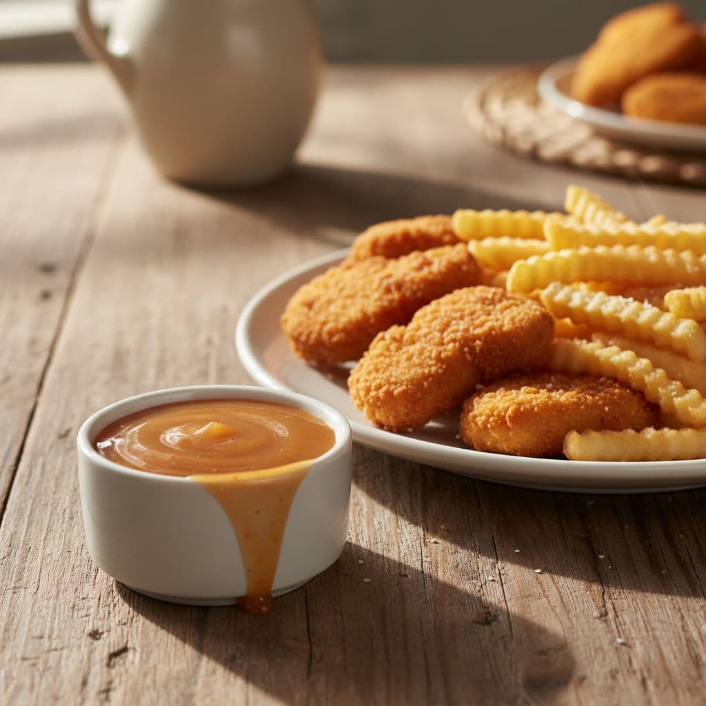 A small bowl of amber Polynesian sauce sits beside crispy chicken nuggets and shoestring fries on a wooden table.