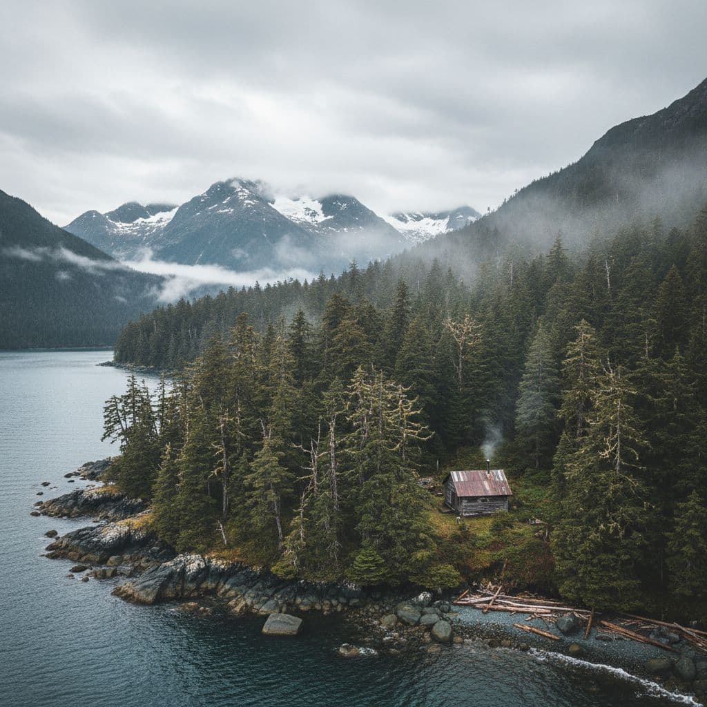 Thick trees line remote Alaskan coast with misty mountains behind small wooden cabin near water.