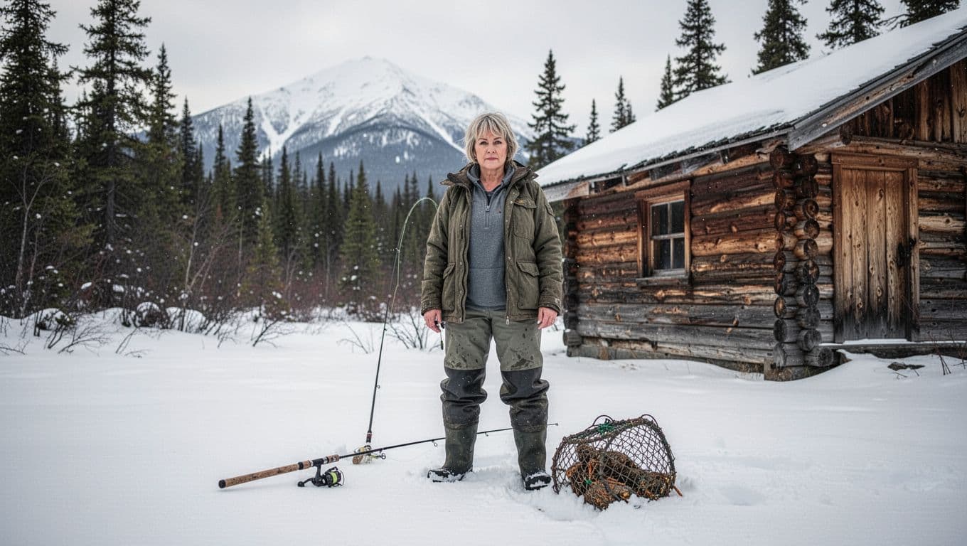 Middle-aged woman in outdoor gear stands outside rustic wooden cabin in snowy Alaskan wilderness with fishing rod and crab pot nearby.