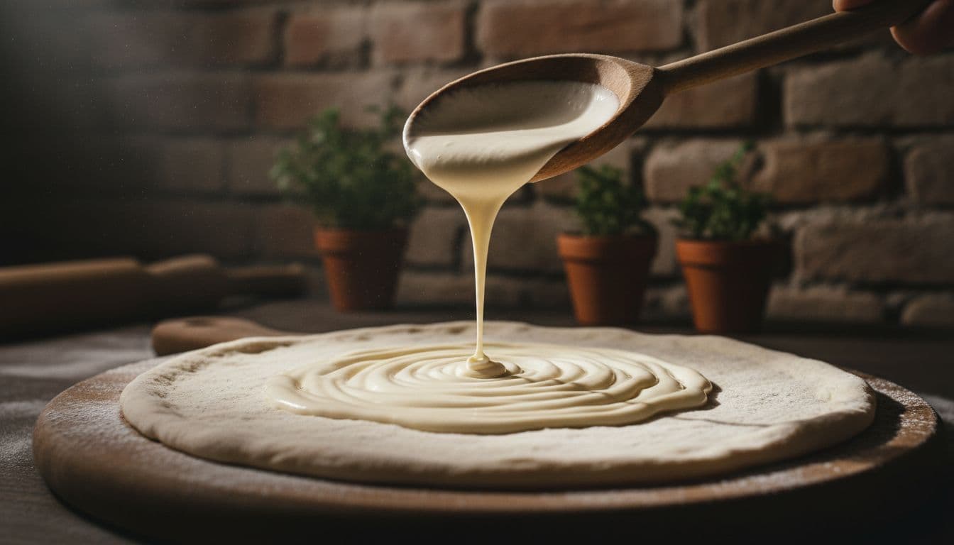 A wooden spoon pours creamy white sauce onto a circular piece of raw pizza dough.