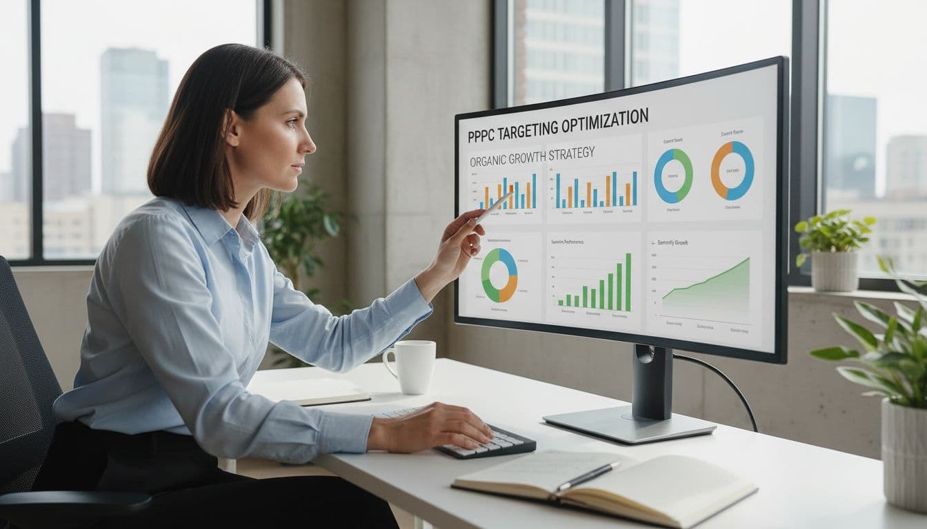 A person in a modern office views bar charts and graphs on a screen.
