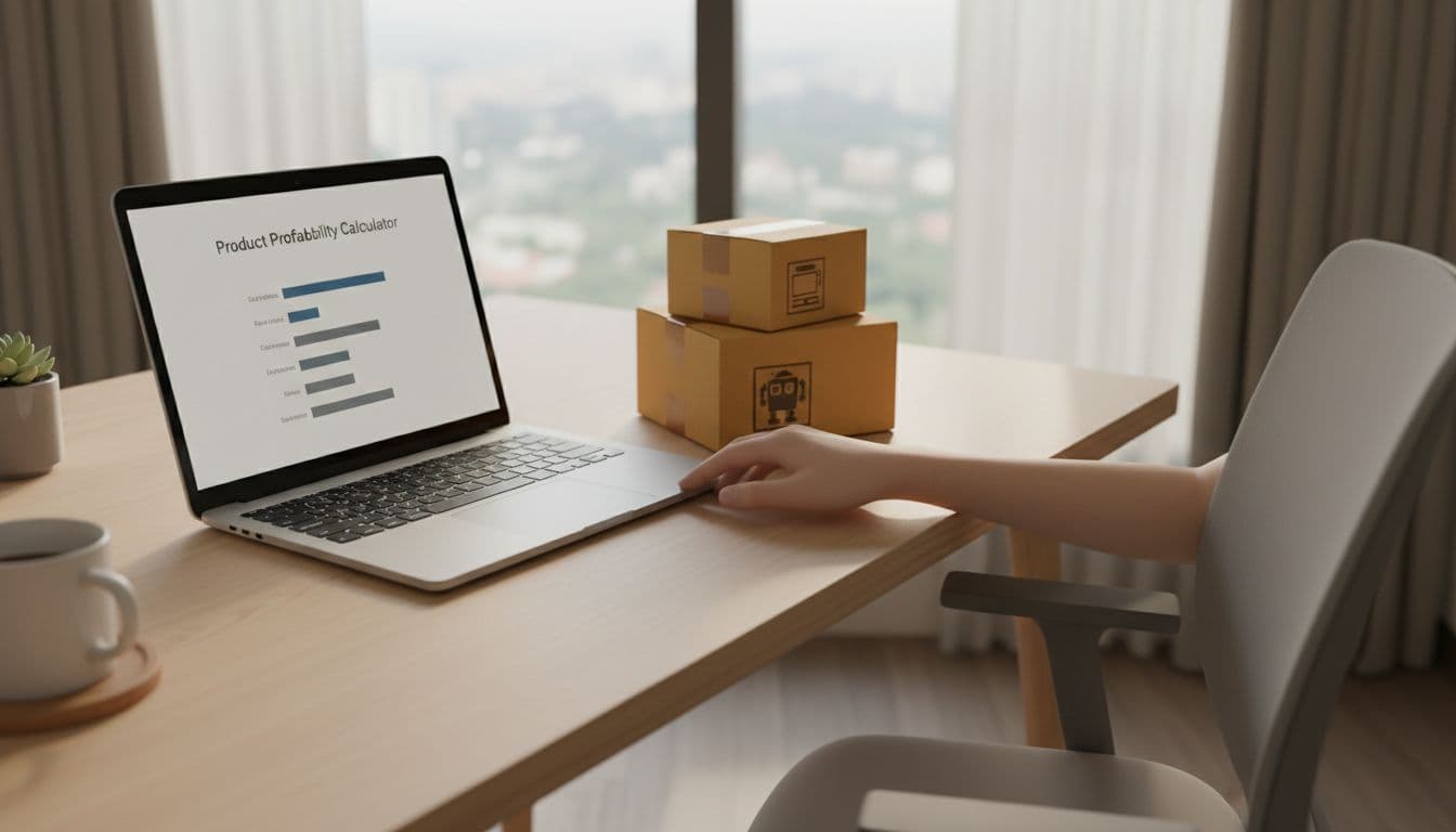 A laptop screen at an angle displays a simple product profitability calculator next to wholesale product boxes like toys in a modern home office with soft lighting. Seller