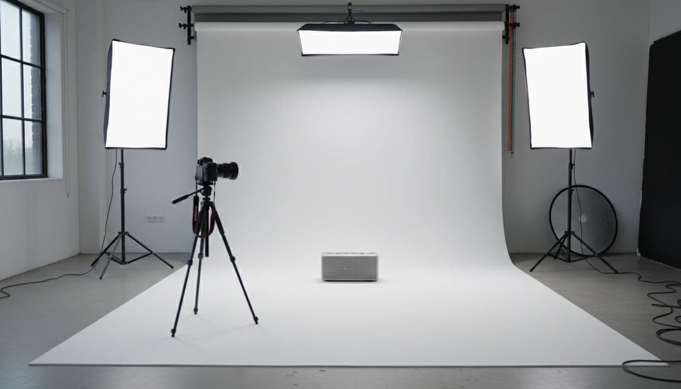 Clean modern studio with professional camera and softbox lights illuminating a single gadget on white background. Wide-angle composition highlights equipment and product for high-detail Amazon listing photos.