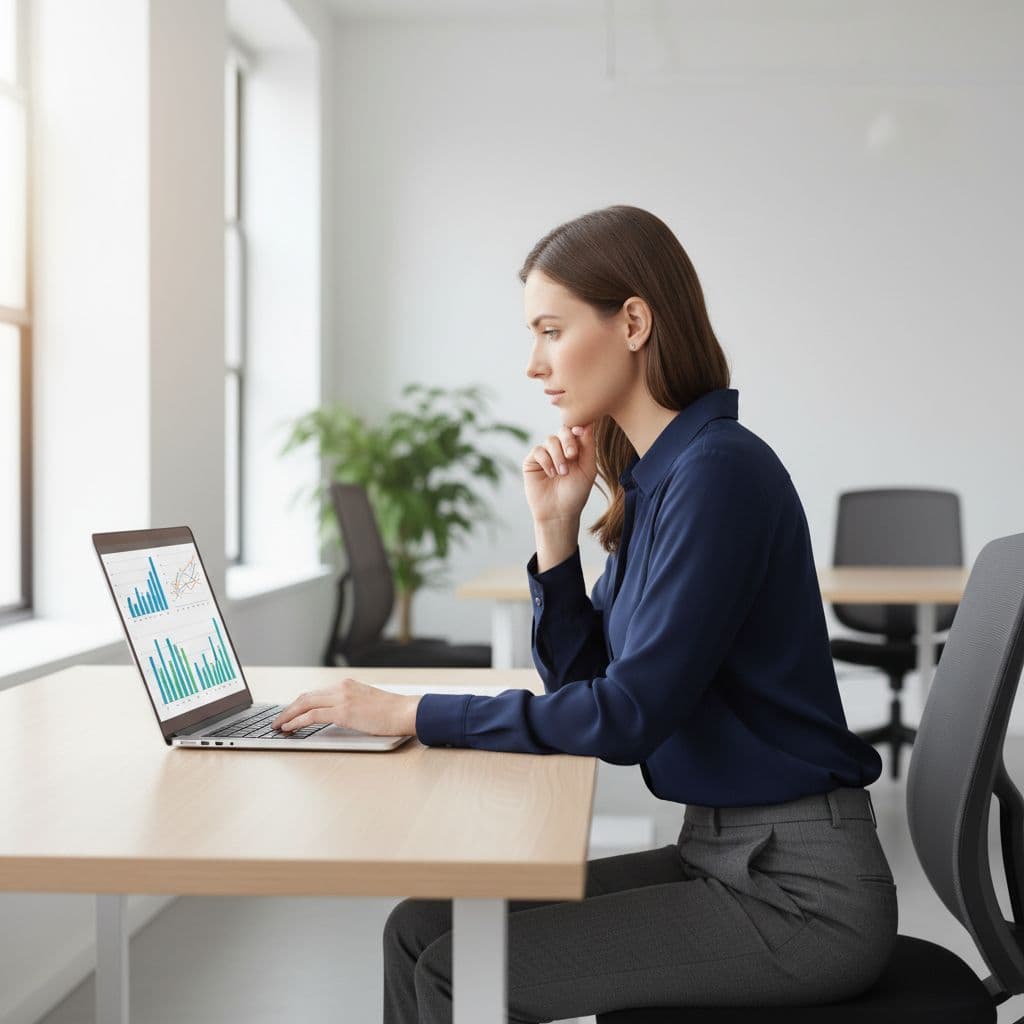 A professional sits at a clean, modern desk reviewing digital data on a laptop.