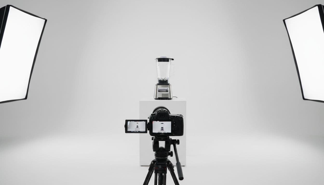 Sleek blender on stand against white background, camera on tripod in foreground.