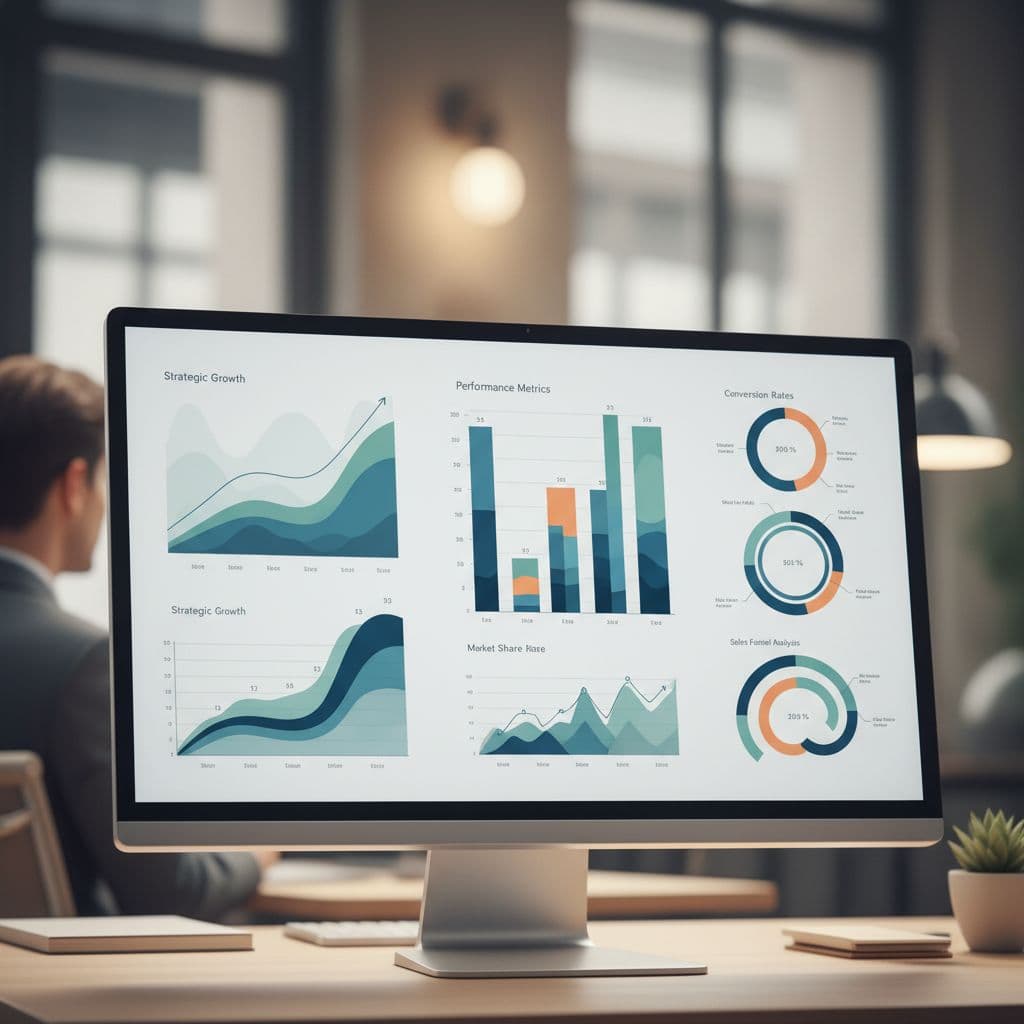 Computer monitor displays stylized charts, bar graphs, and metrics in modern office with worker in background.