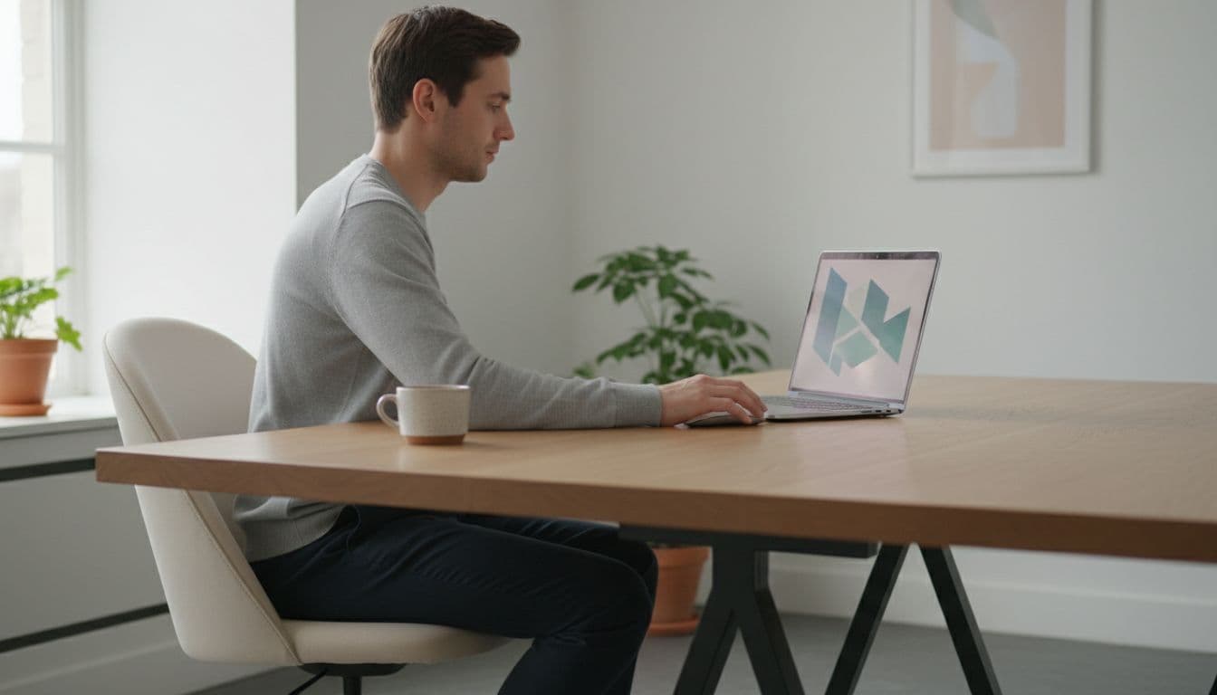 A professional sits at a clean wooden desk using a laptop in a bright minimalist office.
