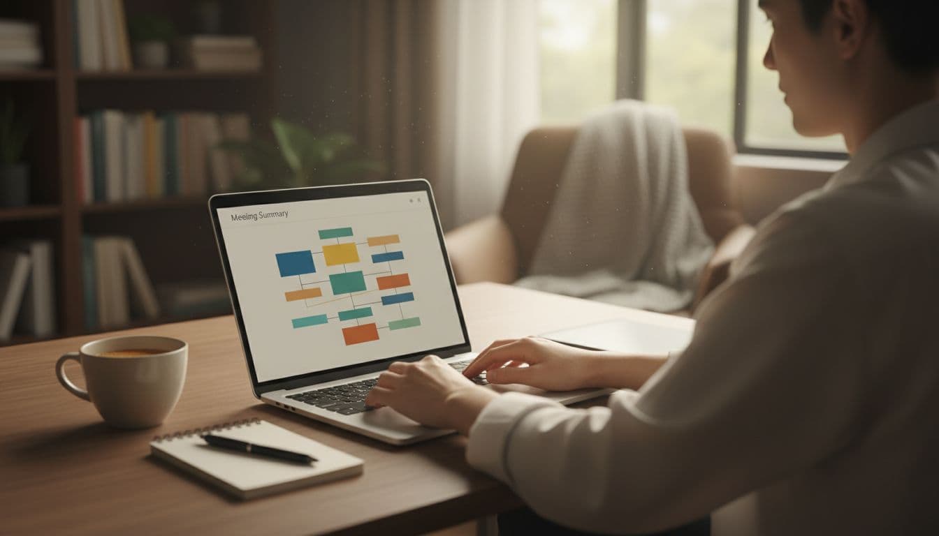 A professional at a desk in a cozy home office reviews an AI-generated meeting summary on a laptop screen angled toward the viewer, with a coffee cup and notepad nearby, bathed in natural morning light.