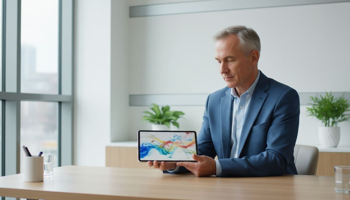 A middle-aged psychiatrist sits at a desk in a modern clinic office, holding a tablet that displays abstract colorful graphs of patient mood trends and symptom trackers, illuminated by natural window light in a realistic photograph style.