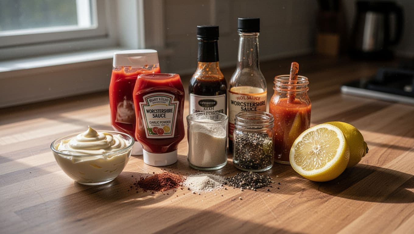 Close-up of fresh ingredients for a creamy sauce on a wooden kitchen counter: mayonnaise, ketchup, Worcestershire sauce, garlic powder, black pepper, small glass jar of hot sauce, fresh lemon half, arranged neatly in a semi-circle.