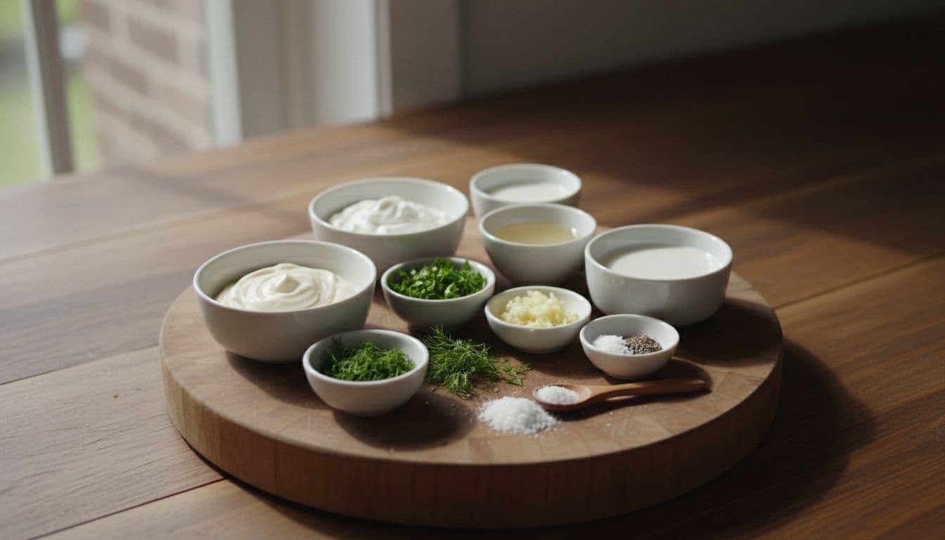 Close-up of mayonnaise, sour cream, milk, dill, parsley, garlic, powders, salt, pepper, and lemon juice in bowls on wooden counter and cutting board.