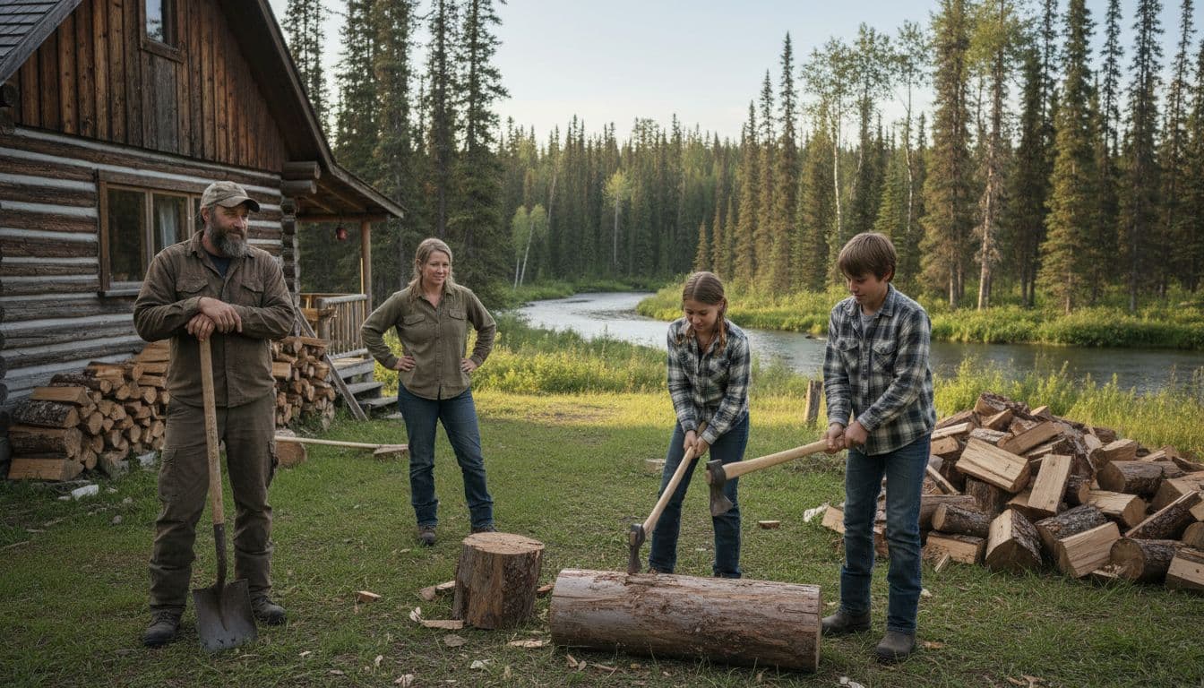 Bearded father in work clothes, wife nearby, adult son and daughter chopping wood with axes near log cabin, dense forest and river background, realistic documentary photo style, soft natural daylight, wide shot.