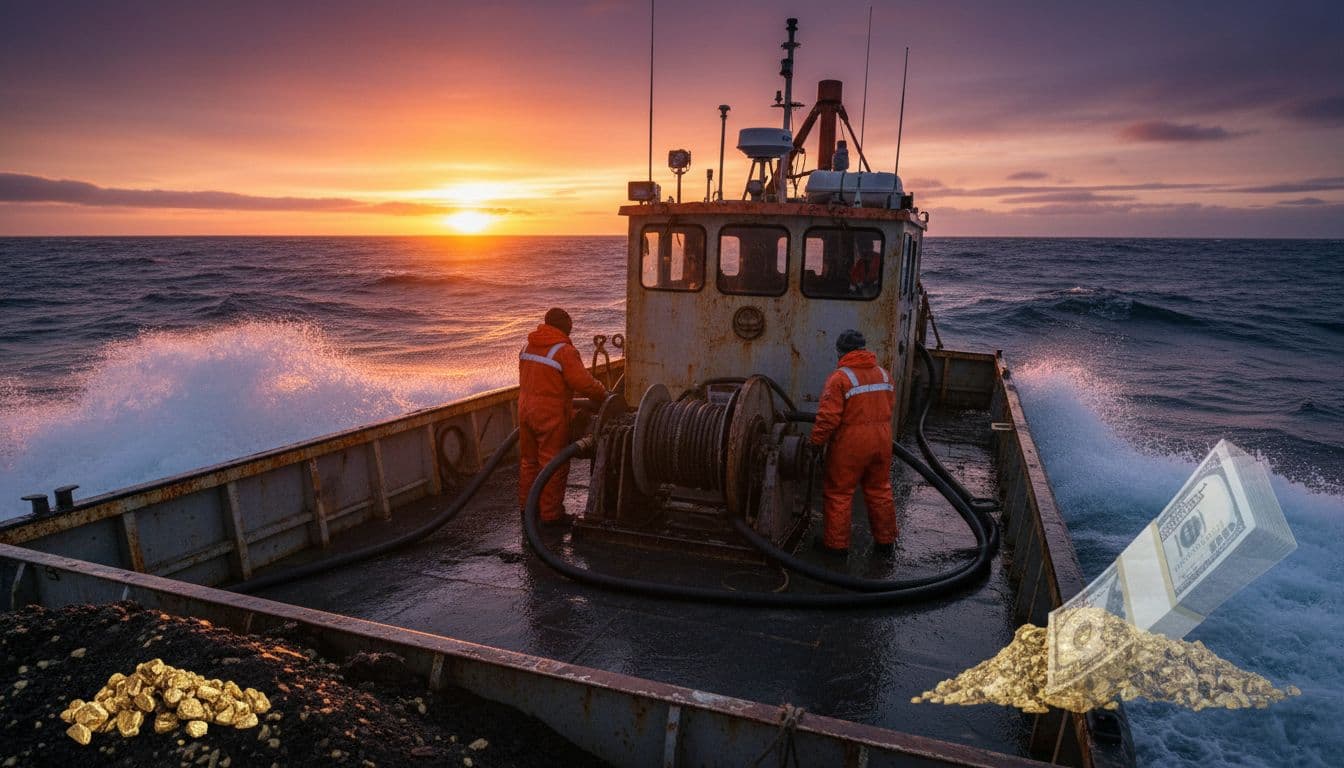 Rugged gold dredger boat named Reaper cuts through choppy icy Bering Sea waters at dusk, with two orange-suited crew members operating winch and hoses on deck amid crashing waves and foreground gold nuggets.
