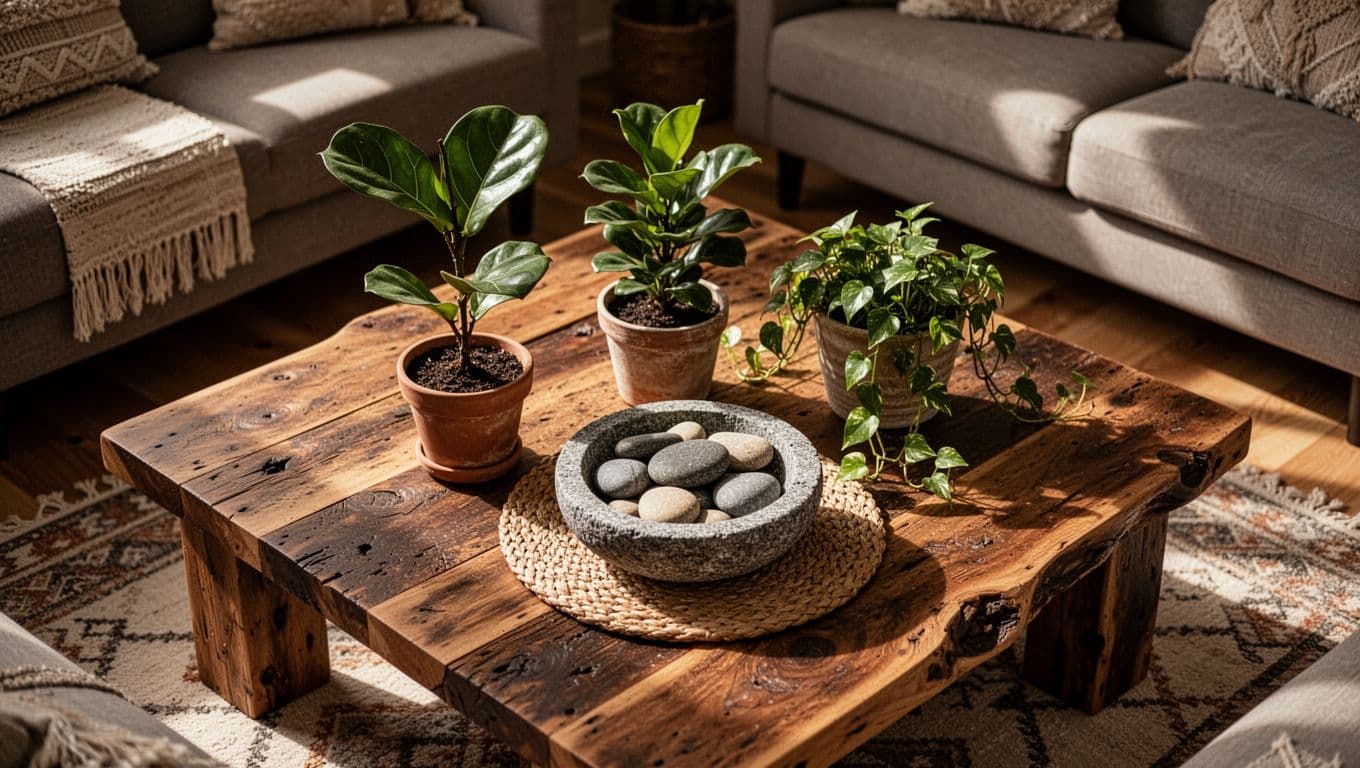 Overhead view of reclaimed wood coffee table with three potted plants, stone bowl of river rocks, and woven placemat.