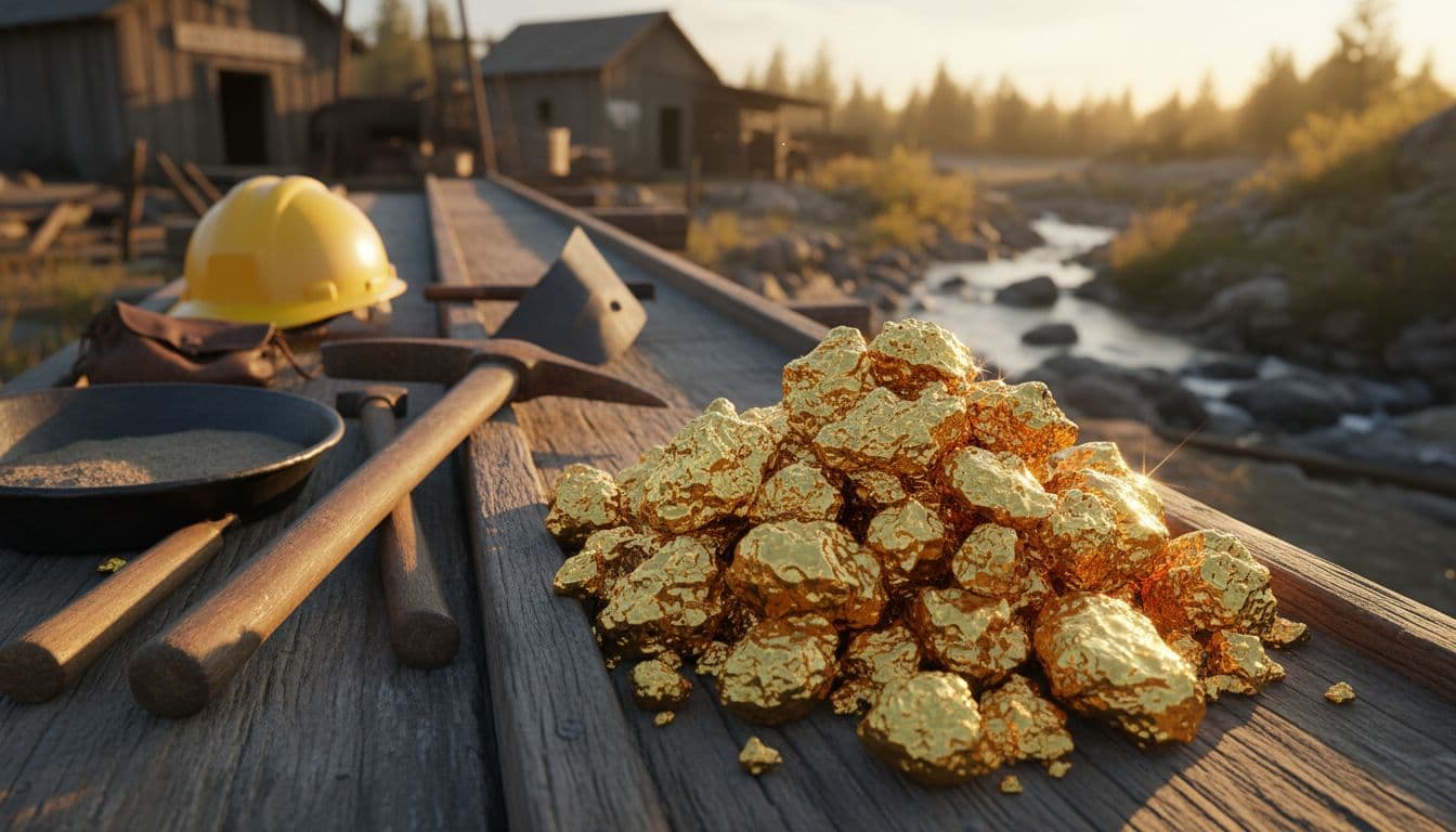 Pile of large sparkling gold nuggets and flakes on a wooden sluice box table next to mining tools and a hard hat in a rustic outdoor mining camp with blurred creek background. Realistic close-up photography with warm golden hour lighting and high detail on gold textures.