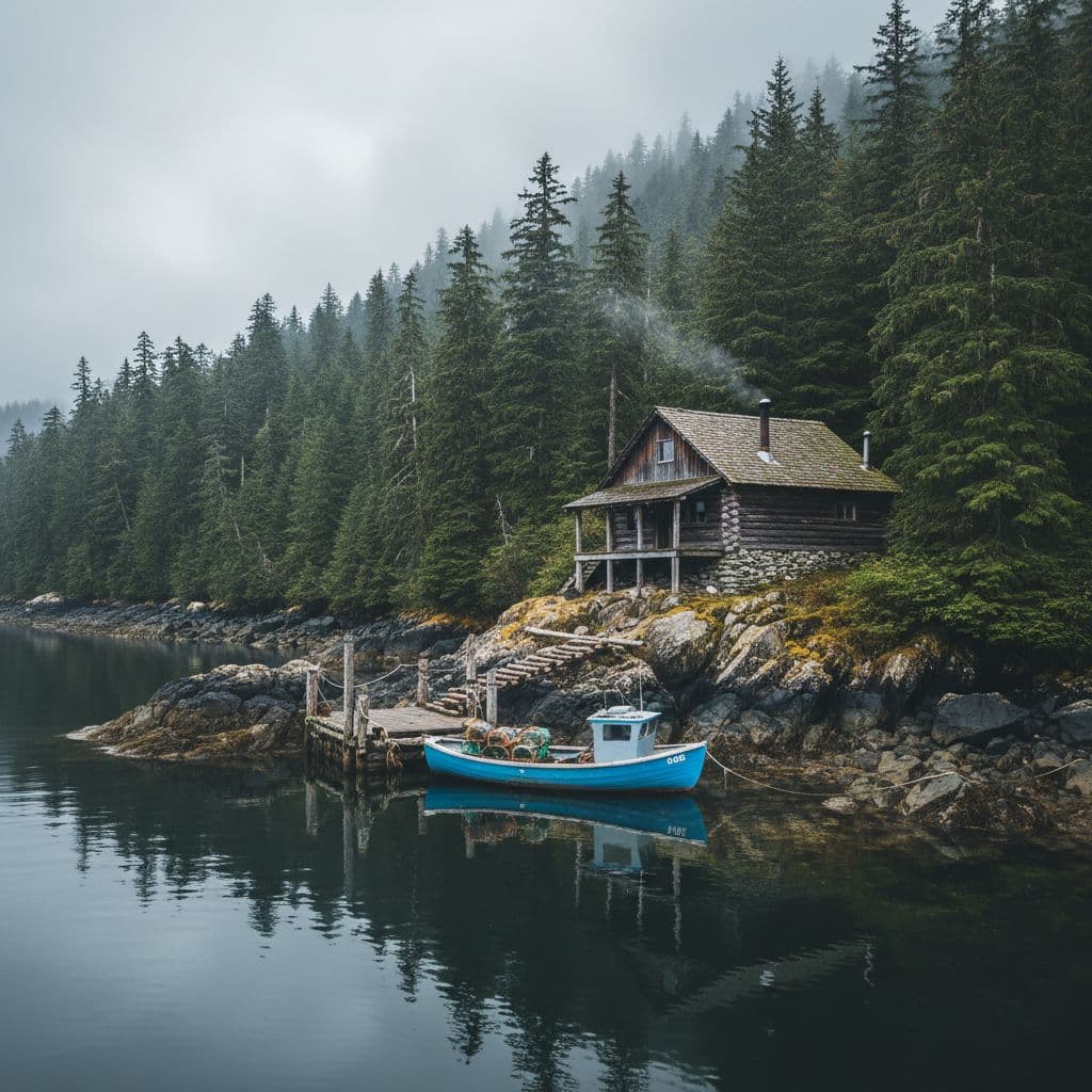 A rustic wooden cabin sits in a dense forest along a rocky Alaskan shoreline with a moored boat.