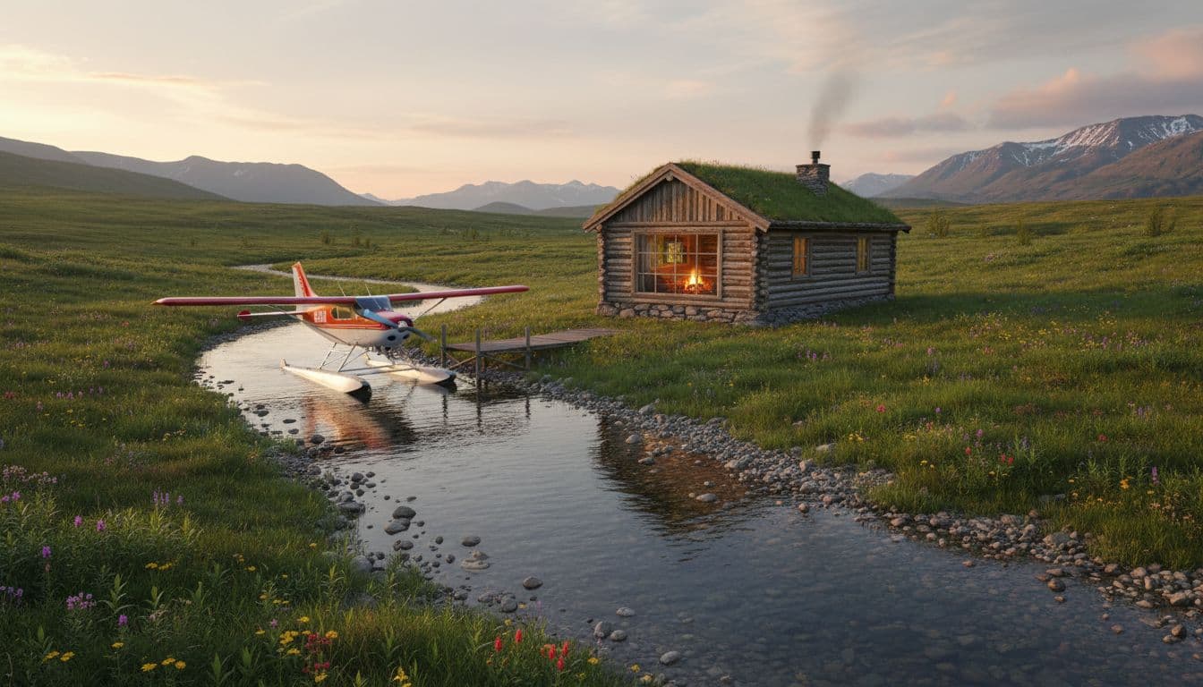 Wooden cabin in green summer tundra with wildflowers, foreground river, docked float plane nearby, cozy interior through window in evening light.