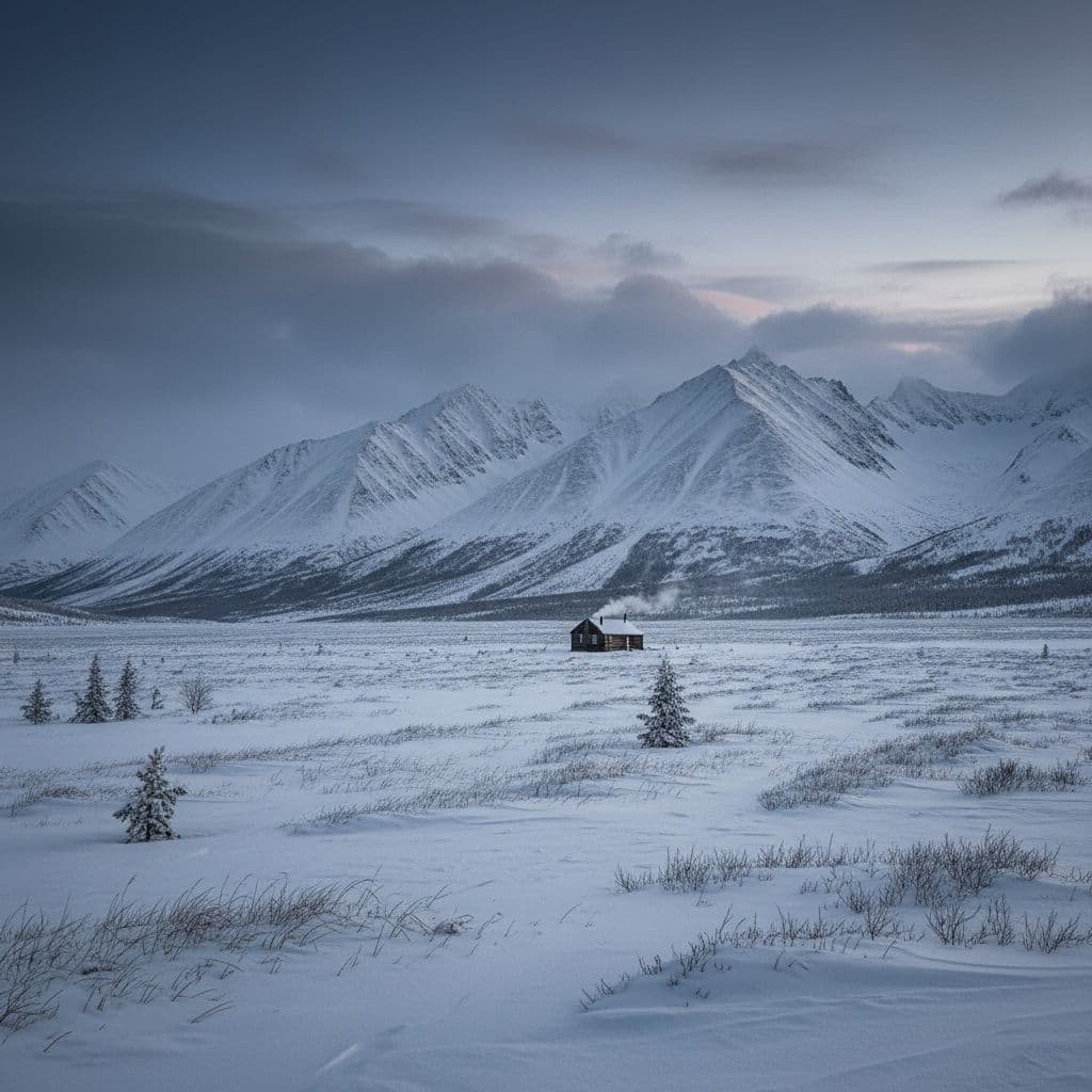 A solitary wooden cabin sits in a vast, snow-covered landscape beneath dramatic, overcast mountain peaks.