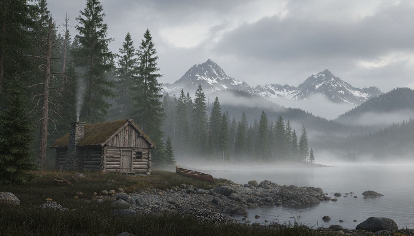 A solitary wooden cabin sits among dense pine trees overlooking a misty, tranquil Alaskan bay.