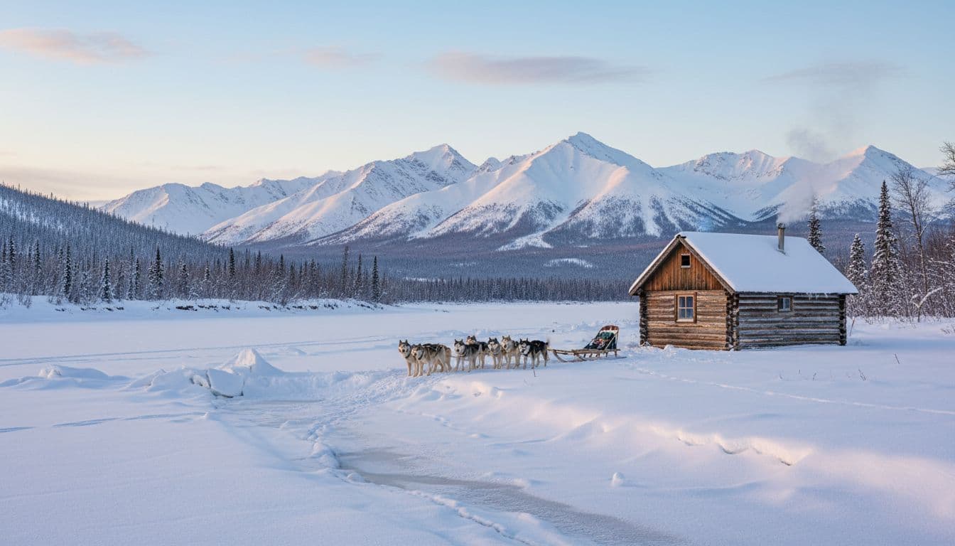 Remote wooden cabin on the snowy bank of the Yukon River in Alaska winter, with a harnessed dog team nearby in a frozen landscape featuring distant mountains, captured in realistic photography style with natural daylight.