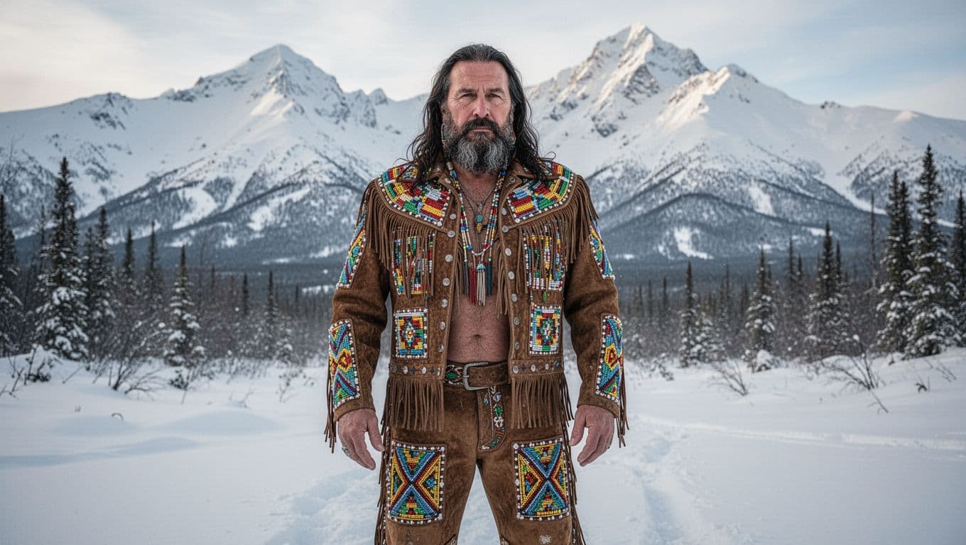 Middle-aged rugged man with long hair and beard wears beaded leather jacket and pants in snowy wilderness with mountains.