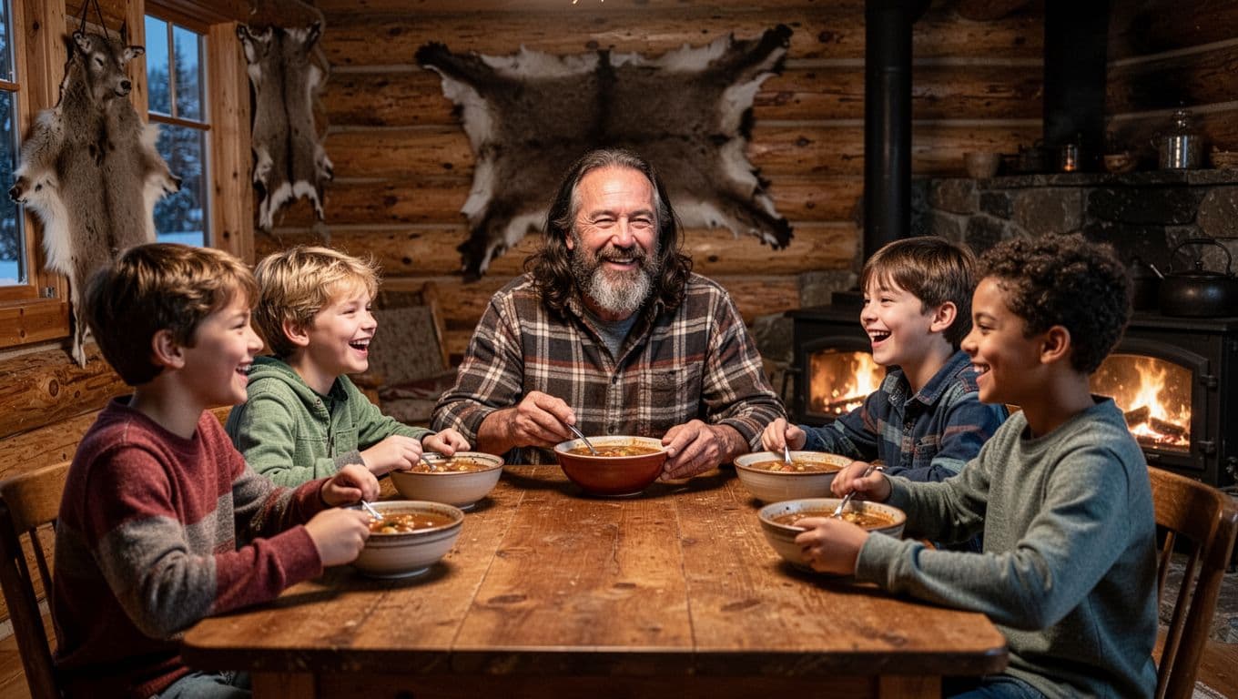 Bearded man in flannel and five diverse children laugh eating stew around wooden table in firelit log cabin.